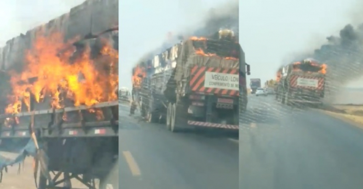 Vagão de carreta com algodão pega fogo em Lucas do Rio Verde; veja vídeo