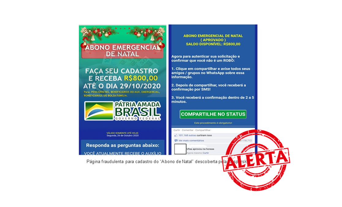 “Abono Emergencial de Natal” de R$ 800 é golpe, alerta Kaspersky