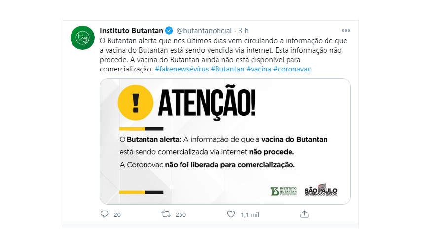 Butantan alerta para venda falsa de vacina pela internet