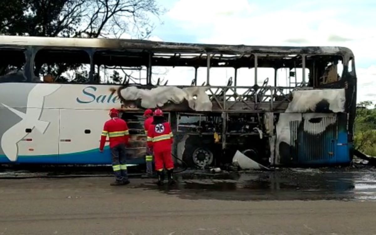 Ônibus interestadual de Mato Grosso pega fogo na BR-060 em Goiás