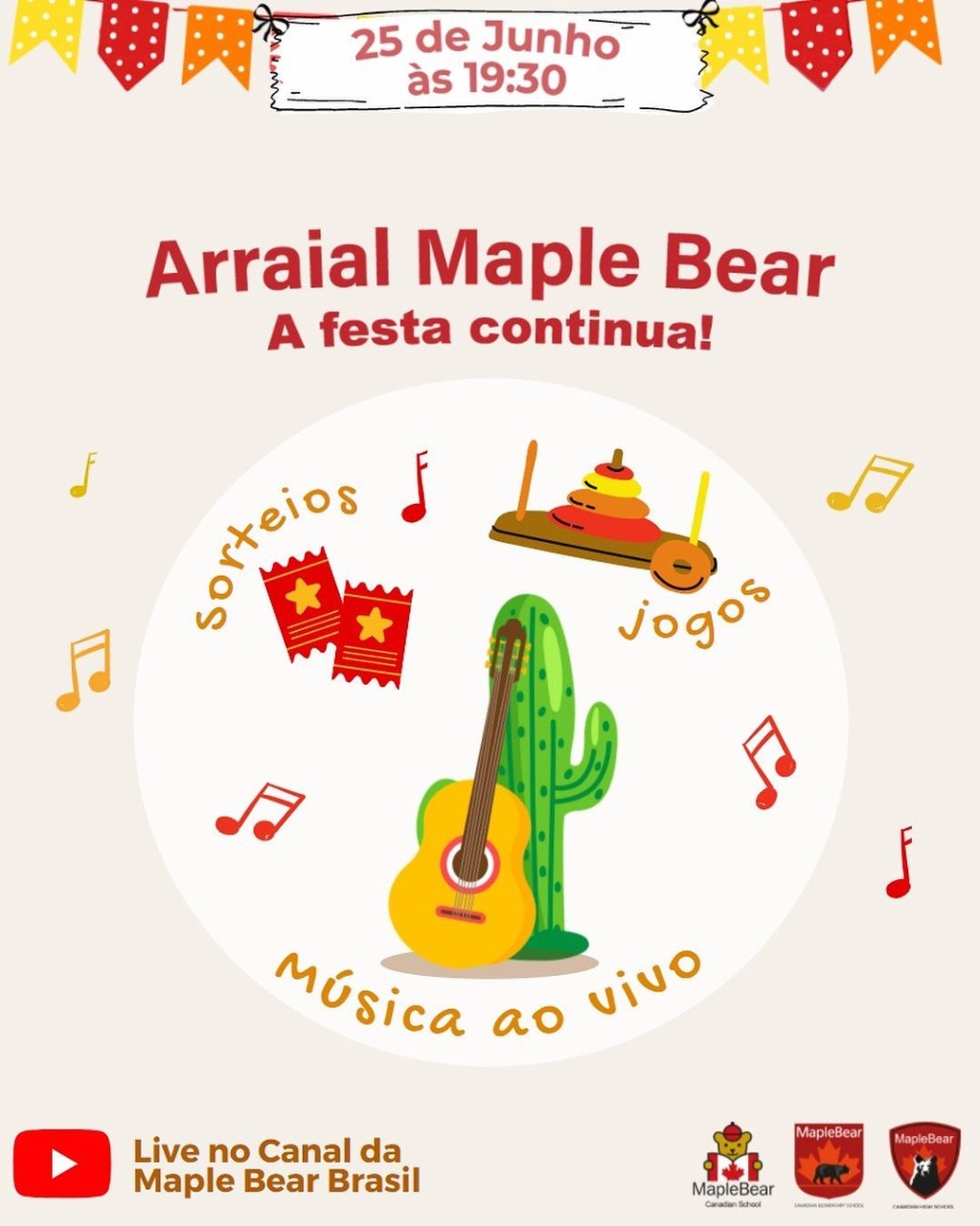 Arraial Maple Bear acontece no dia 25 de junho com música ao vivo e muitas brincadeiras!