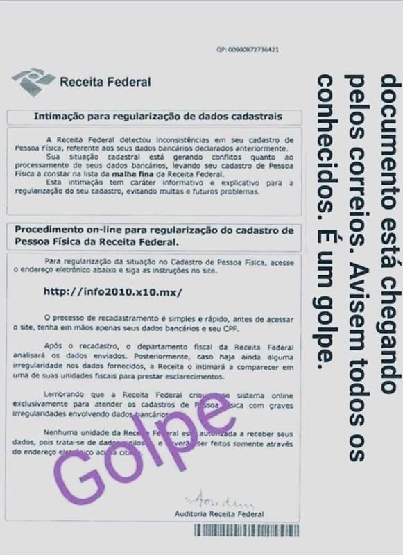 Receita Federal alerta para fraude via correspondência