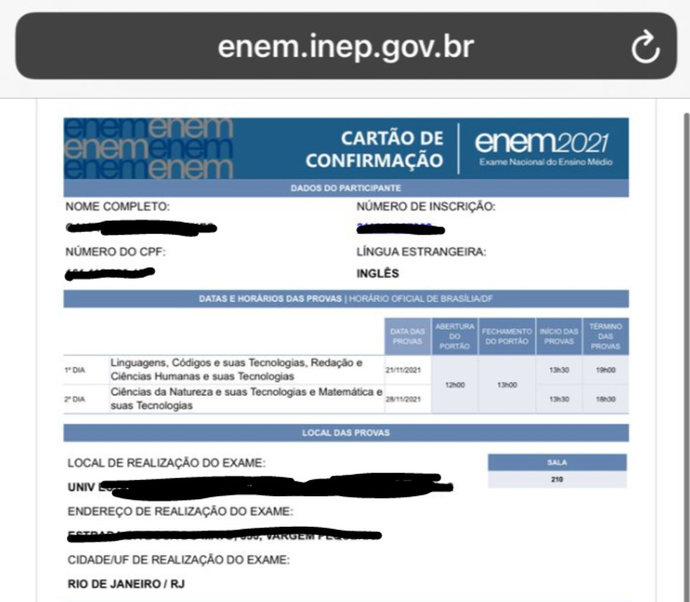 Divulgado cartão de confirmação do Enem 2021