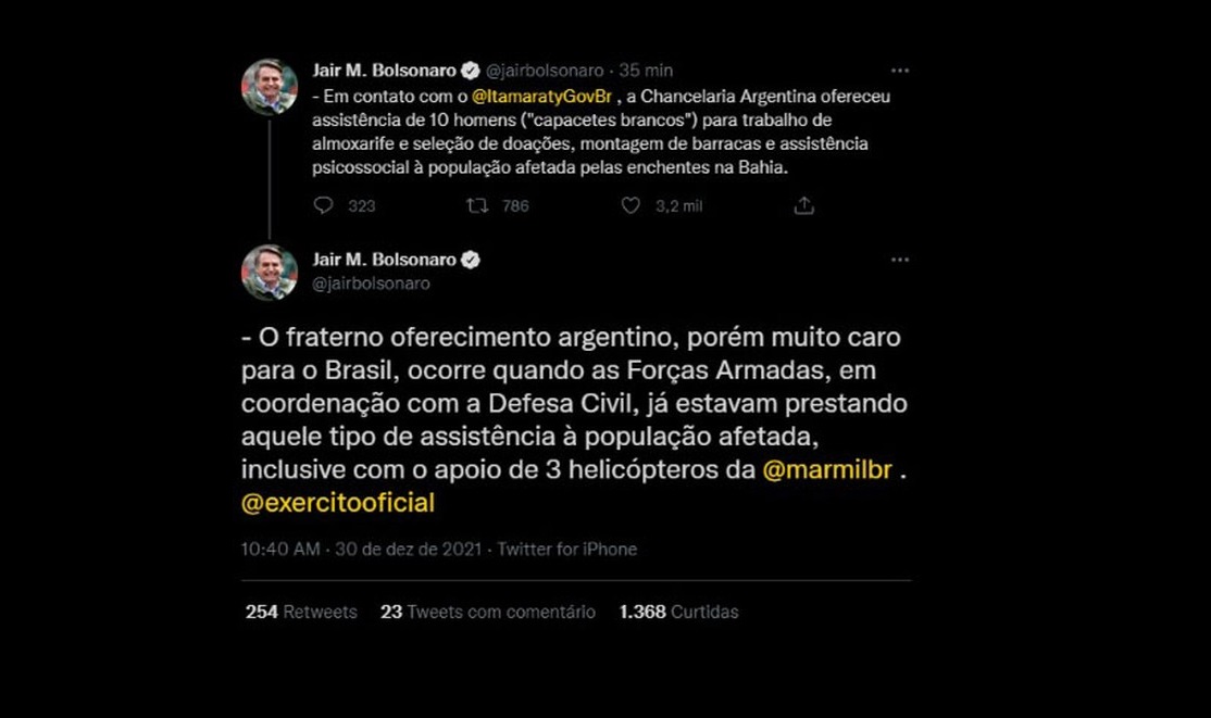 Bolsonaro diz que ajuda argentina para a Bahia não era ‘necessária’, mas não a descarta para o futuro