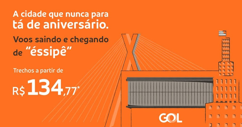 GOL oferece trechos promocionais a partir de R＄ 134,77 em comemoração ao aniversário de São Paulo