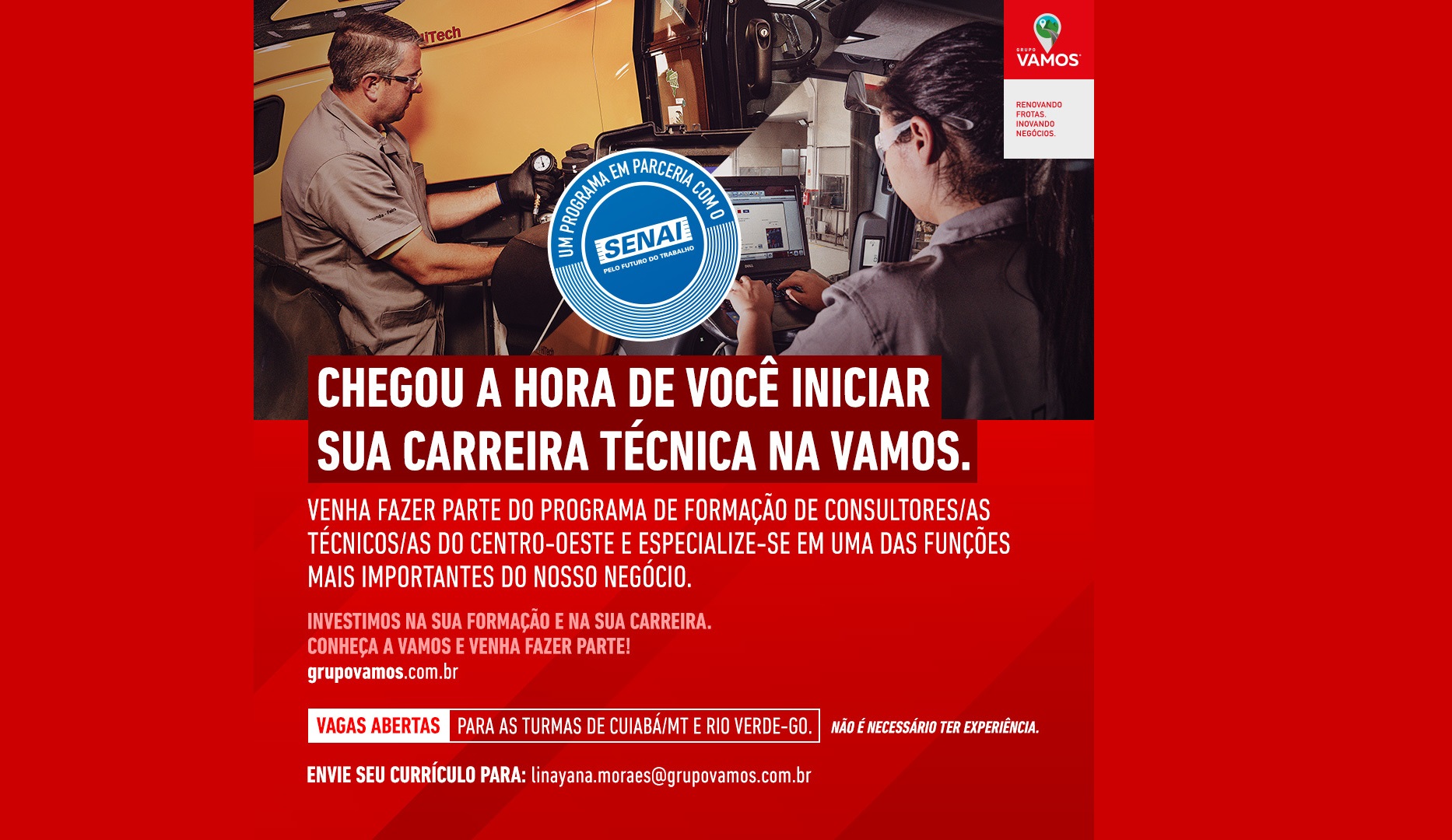 Grupo Vamos e Senai oferecem formação gratuita para consultores mecânicos e técnicos em GO e MT