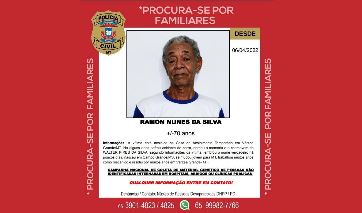 Polícia Civil busca por parentes de idoso acolhido em abrigo em Várzea Grande
