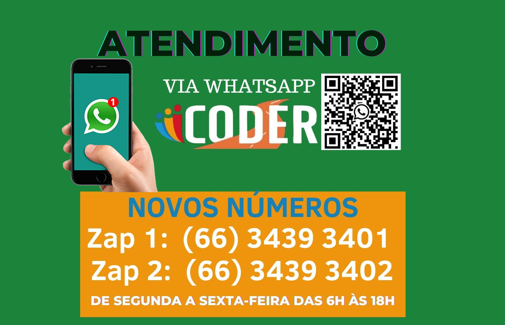 Coder disponibiliza novos números para atendimento via WhatsApp