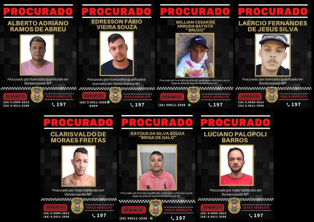 Polícia Civil procura sete criminosos de alta periculosidade, autores de homicídios em Rondonópolis
