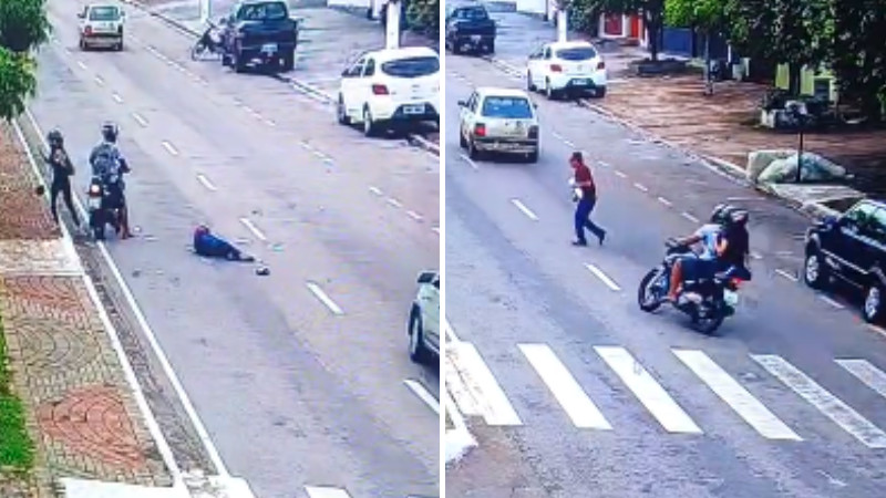 Jaciara | Câmera flagra momento em que idoso é atropelado por moto ao atravessar fora da faixa de pedestre