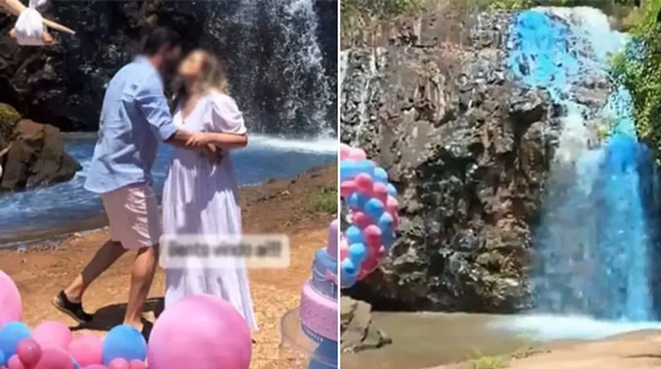 MP pede que responsável por tingir cachoeira em chá revelação pague mais de R$ 180 mil por danos ambientais em Mato Grosso