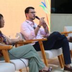 Diretor André Schelini e a especialista em financiamento climático, Linda Murasawa, durante o painel Políticas de Descarbonização do Sebrae Mato Grosso, na COP-30, em BelémPA