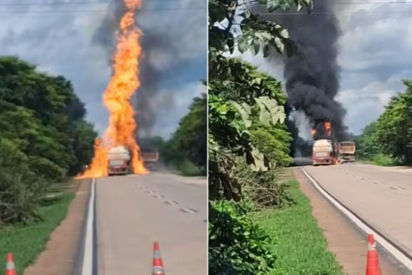 Carreta com etanol pega fogo após acidente na BR-364 em MT e interdita rodovia