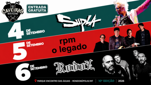 Caveiras Moto Festival terá Supla, RPM e Rodox em três noites de shows gratuitos em Rondonópolis caveiras