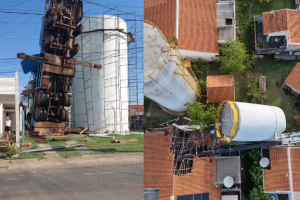Caminhão guindaste tomba e destrói telhado de casa durante obra em Cuiabá